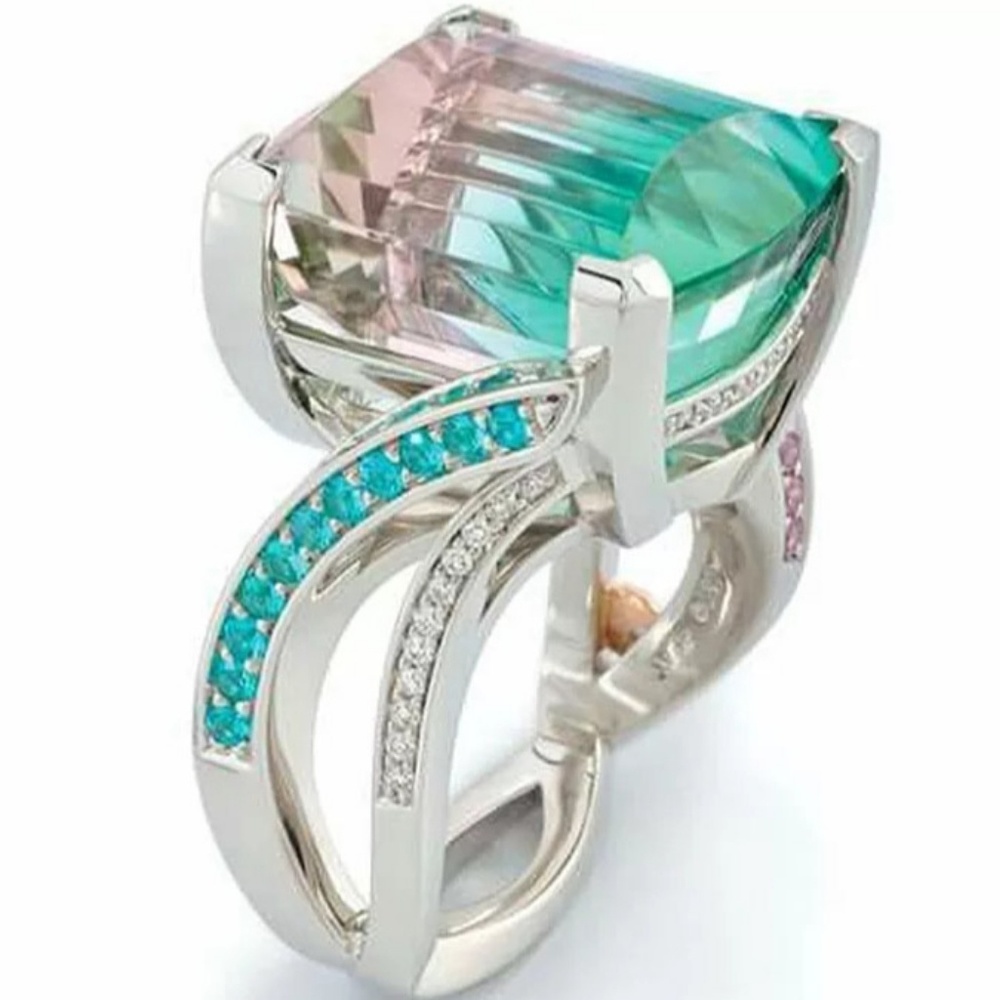 Silver-Tone Pink & Teal Crystal Statement Ring